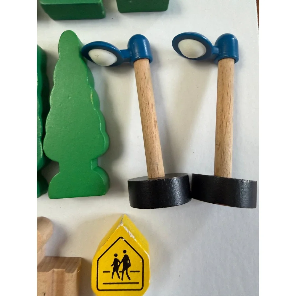 Assortment of Wooden Train  Accessories Track Signs Trees Green Brown